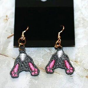 HANDMADE Earrings Bunny Butt Rabbit Embroidered Lace Pierced Pair Gray Pink
